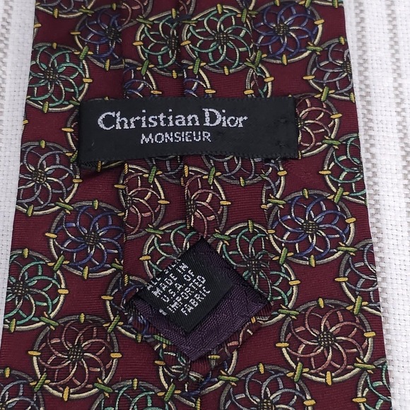 Christian Dior Monsieur Tie Mens Burgundy Silk Geometric Floral Pattern Made USA - Picture 4 of 7